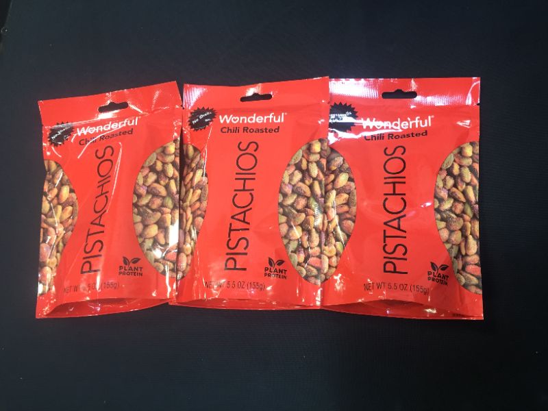 Photo 2 of 3 PACK - Wonderful Pistachios, No Shells, Chili Roasted Nuts, 5.5 Ounce Resealable Pouch
EXP JUNE 2022