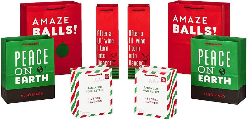 Photo 1 of 3 PACK - Hallmark Funny Christmas Gift Bags Assorted Sizes (8 Gift Bags: 2 Small 6", 2 Medium 9", 2 Large 13", 2 Bottle Bags) "Amaze Balls," Red, Green, White