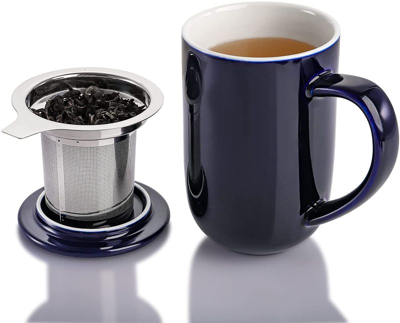 Photo 1 of AVLA Porcelain Tea Mug with Infuser and Lid, 18 OZ Ceramic Loose Leaf Tea Steeping Cups for Women Men, Large Tea Strainer Cup, Easy to Hold, Dark Blue