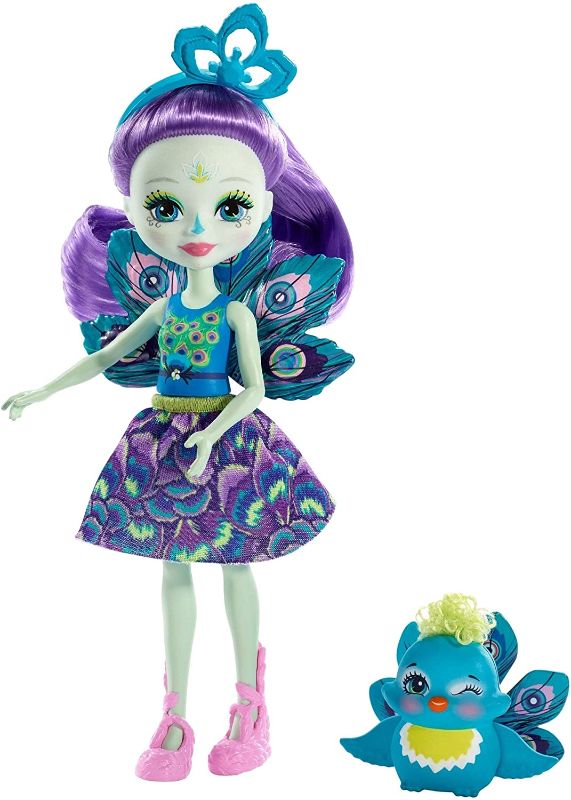 Photo 1 of Enchantimals Patter Peacock Doll & Flap Figure, 6-inch small doll, with long purple hair, peacock wings, removable skirt, headpiece and shoes, Gift for 3 to 8 Year Olds,Multicolor