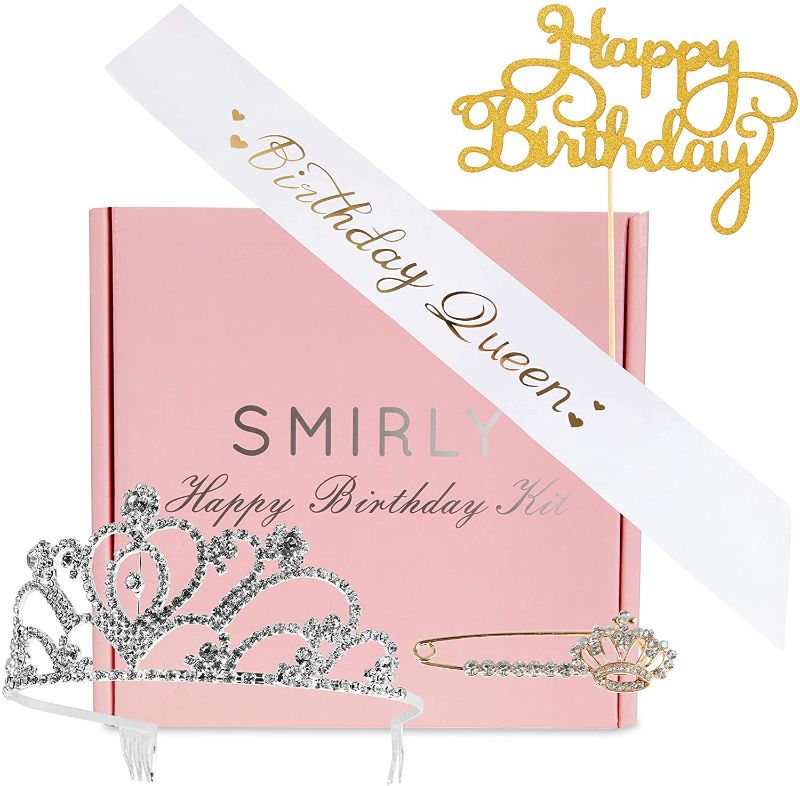 Photo 1 of 2 PACK - SMIRLY Happy Birthday Sash Birthday Accessories Birthday Queen Sash with Funny Saying in Gold Glitter Letters, Tiara, Pin and Cake Topper - Adult Birthday Party Accessories & Party Favors