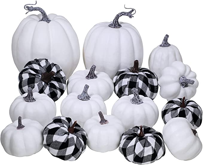 Photo 1 of 16 PCS Artificial White Pumpkins Buffalo Plaid Pumpkins Bulk Faux Harvest Pumpkins for Fall Wedding Thanksgiving Halloween Seasonal Holiday Tabletop Decoration
