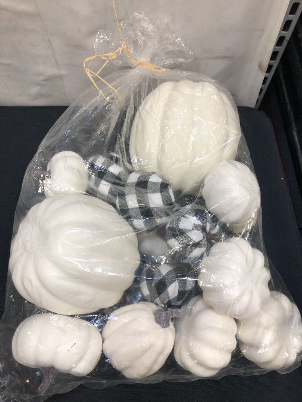 Photo 2 of 16 PCS Artificial White Pumpkins Buffalo Plaid Pumpkins Bulk Faux Harvest Pumpkins for Fall Wedding Thanksgiving Halloween Seasonal Holiday Tabletop Decoration
