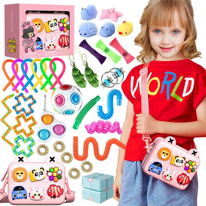 Photo 1 of 34 Fidget Packs Sensory Fidget Toys for Girls Packages,Simple Dimple Stress Balls Figit Infinity Cubes Figetsss Toys Sets, Mochi Squishy Noodle Bracelet Push Poppper Box for Autism Kids
