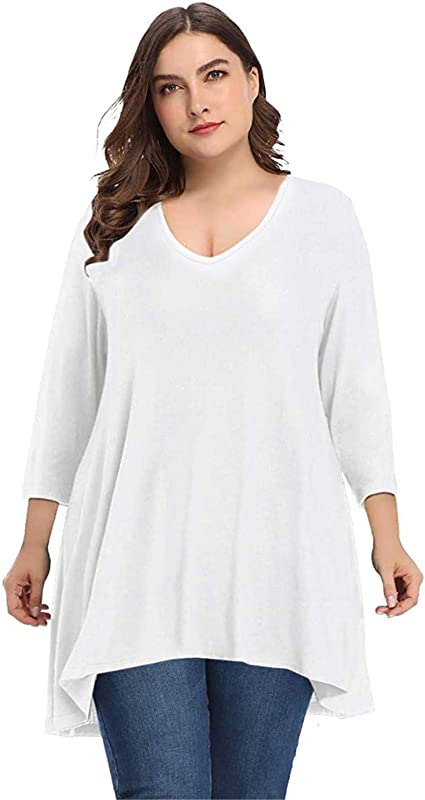 Photo 1 of Miqieer Women's Plus Size Long Sleeve Tunic Tops V Neck Casual Shirts Loose Flowy Blouse for Leggings
