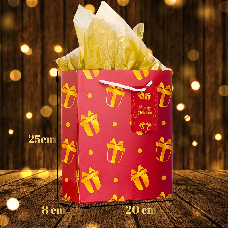 Photo 1 of 2 PACKS NIMU 12 Pieces Premium Christmas Assorted Gold Metallic Design Gift Bags with Handle and Tissue Paper and Name Tag Design Paper Bags Bundle Xmas Gift Wrapping Bag Great Bulk
