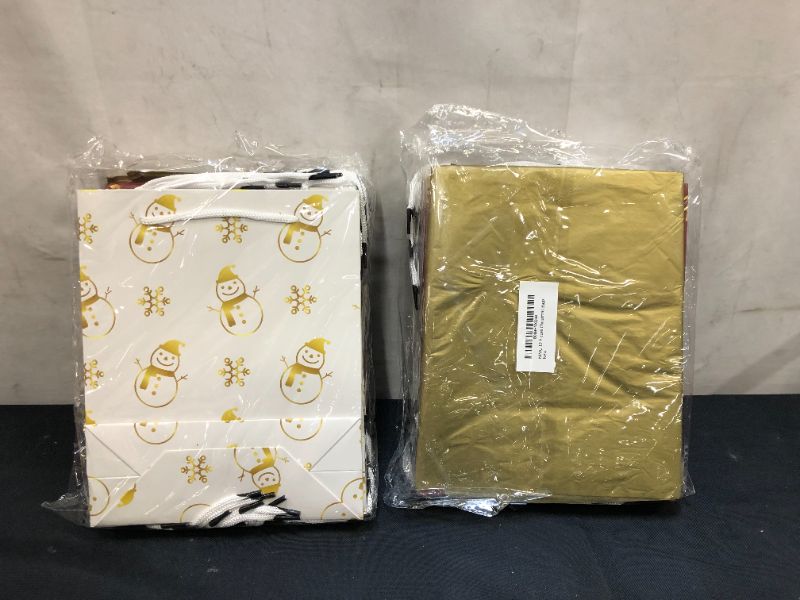 Photo 1 of 2 PACKS NIMU 12 Pieces Premium Christmas Assorted Gold Metallic Design Gift Bags with Handle and Tissue Paper and Name Tag Design Paper Bags Bundle Xmas Gift Wrapping Bag Great Bulk

