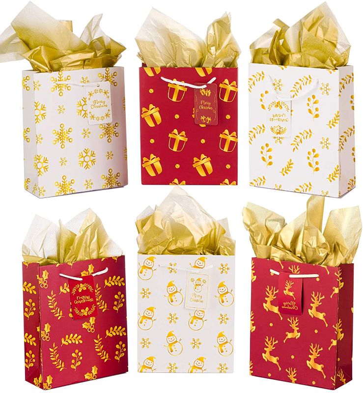 Photo 1 of 2 PACKS NIMU 12 Pieces Premium Christmas Assorted Gold Metallic Design Gift Bags with Handle and Tissue Paper and Name Tag Design Paper Bags Bundle Xmas Gift Wrapping Bag Great Bulk
