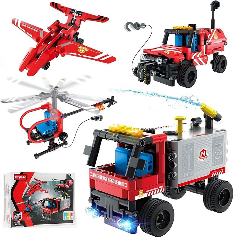 Photo 1 of  City Fire Truck Building Set, burgkidz STEM Building Blocks Toy Kit Including Rescue Vehicle, Helicopters, Plane, Fire Truck With Water Spraying Function, Gift for Boy Girl Kid Ages 6+ (531Pcs)
