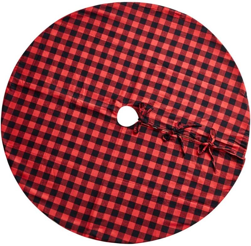 Photo 1 of 48 Inches Christmas Tree Skirt Red and Black Plaid Buffalo Check Double Layers Skirts for Christmas Decorations Indoor Outdoor, Xmas Party Holiday Ornaments (48 Inches)
