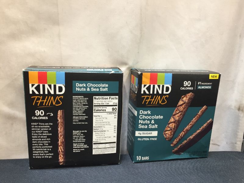 Photo 1 of 2 Pack Kind Thins Dark Chocolate Nuts & Sea Salt 4g Sugar Gluten Free 90 Calories 10 Bars Exp-04-Jun-2022