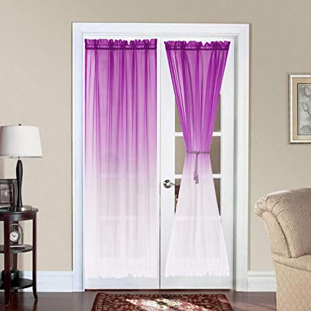 Photo 1 of Bermino Ombre French Door Curtains, Faux Linen Voile Rod Pocket Semi Sidelight Curtain for Living Room Patio Sliding Glass Door Window Set of 2 Panels 59 x 72 inch Purple Gradient
