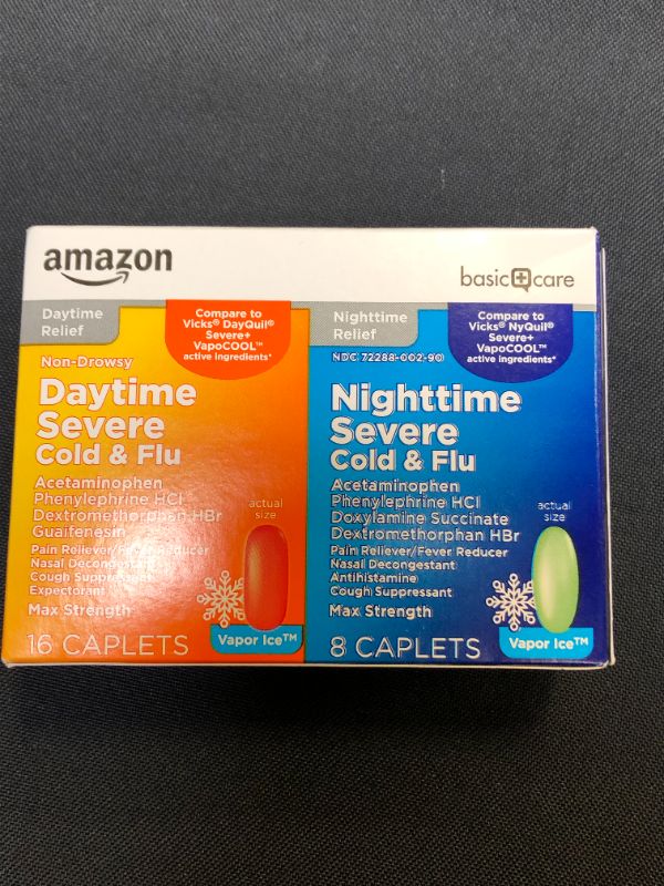 Photo 3 of Amazon Basic Care Vapor Ice Daytime and Nighttime Severe Cold & Flu, Coated Caplets, Combo Pack, Nitetime: Green; Daytime: Orange, 24 Count
EXP 06/2022