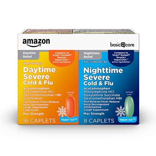 Photo 1 of Amazon Basic Care Vapor Ice Daytime and Nighttime Severe Cold & Flu, Coated Caplets, Combo Pack, Nitetime: Green; Daytime: Orange, 24 Count
EXP 06/2022