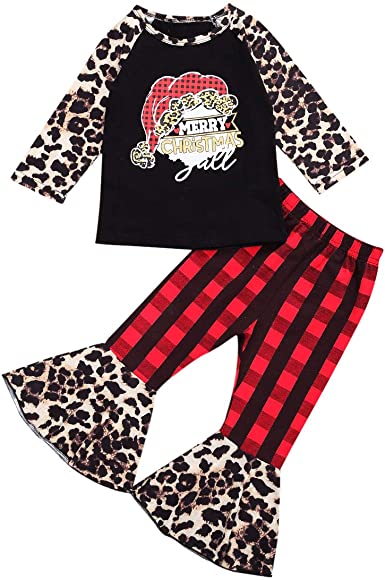 Photo 1 of Christmas Outfits Toddler Baby Girl Red Plaid Tops + Striped Bell-Bottom Pant Fall Winter Clothes SIZE 3 - 4T