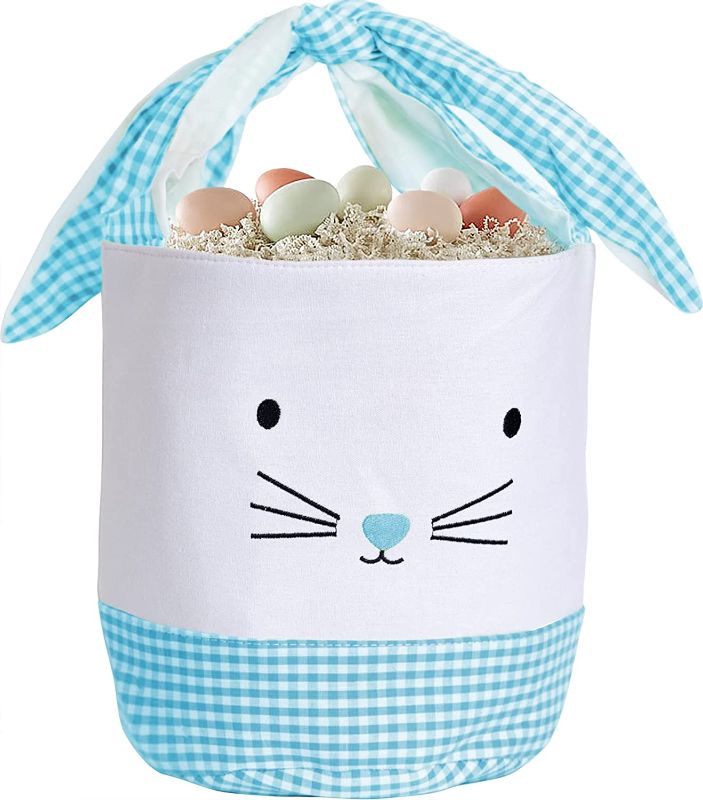 Photo 2 of Easter Bunny Basket Egg Bags for Kids,Canvas Cotton Personalized Candy Egg Basket Rabbit Print Buckets Gifts Bags for Easter
