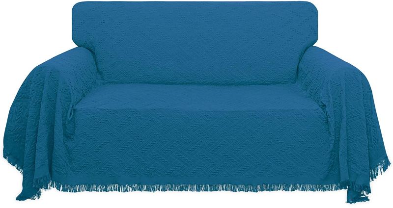 Photo 1 of Easy-Going Geometrical Jacquard Sofa Cover, Couch Covers for 3 Cushion Couch, L Shape Sectional Covers for Dogs, Washable Luxury Bed Blanket, Furniture Protector for Pets(71x 118 inch,Peacock Blue)
