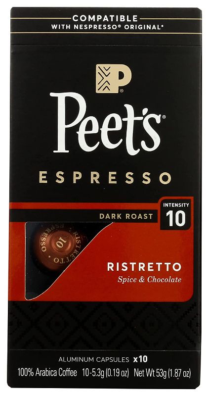 Photo 1 of Peet's Coffee Espresso Capsules Ristretto, Intensity 10, 10 Count Single Cup Coffee Pods Compatible with Nespresso Original Brewers BB 06/02/2022