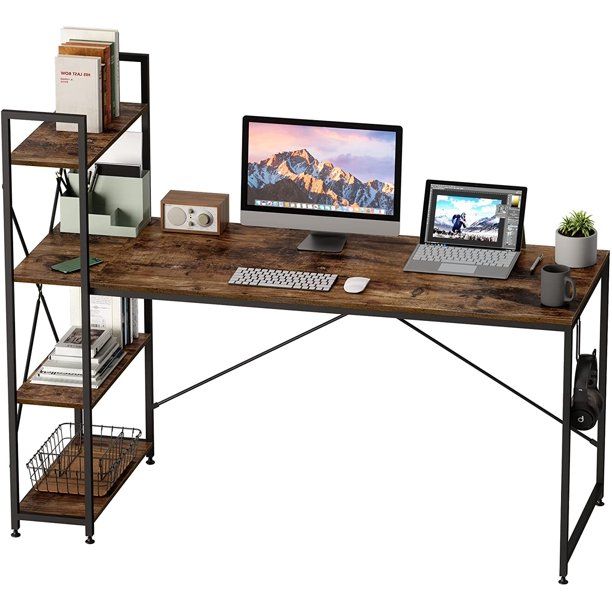 Photo 1 of Bestier 63 inch Computer Desk with Storage Shelves, Modern Bookshelf Desk with Headphone Hook