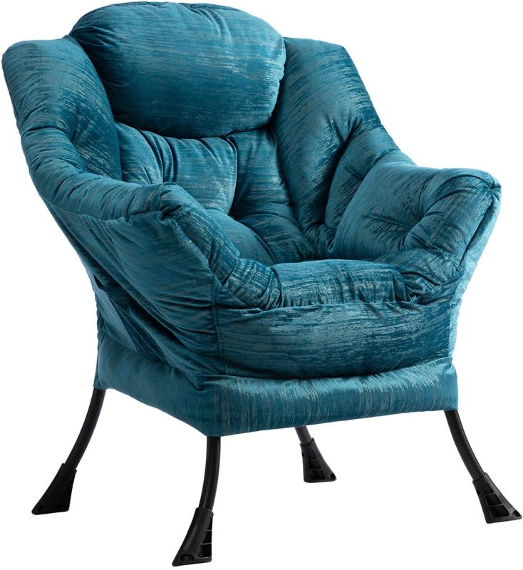 Photo 1 of AcozyHom Modern Large Cotton Fabric Lazy Chair?Accent Contemporary Lounge Chair, Single Steel Frame Leisure Sofa Chair with Armrests and A Side Pocket, Gilding Light Blue
