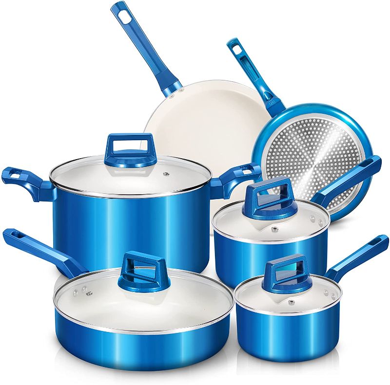 Photo 1 of 10 Pcs Pots and Pans Sets, Nonstick Cookware Set, Induction Pan Set, Chemical-Free Kitchen Sets, Saucepan, Saute Pan with Lid, Frying Pan, Blue
