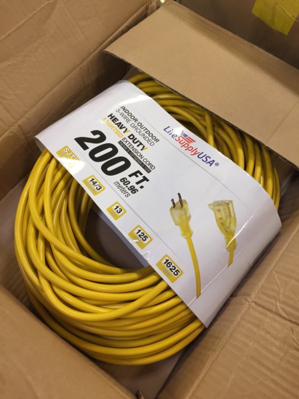 Photo 2 of 200 ft Extension Cord 16/3 SJTW with Lighted end - Yellow - Indoor / Outdoor Heavy Duty Extra Durability 8 AMP 125 Volts 1000 Watts by LifeSupplyUSA
