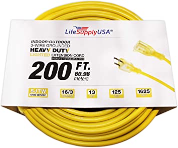 Photo 1 of 200 ft Extension Cord 16/3 SJTW with Lighted end - Yellow - Indoor / Outdoor Heavy Duty Extra Durability 8 AMP 125 Volts 1000 Watts by LifeSupplyUSA
