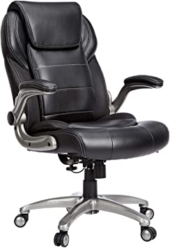 Photo 1 of AmazonCommercial Ergonomic High-Back Bonded Leather Executive Chair with Flip-Up Arms and Lumbar Support, Black
