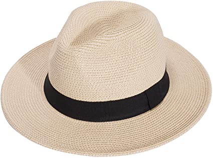 Photo 1 of Womens Straw Fedora Beach Sun Hat, Packable Wide Brim Panama Hat for Women UV UPF50+ --- size large 