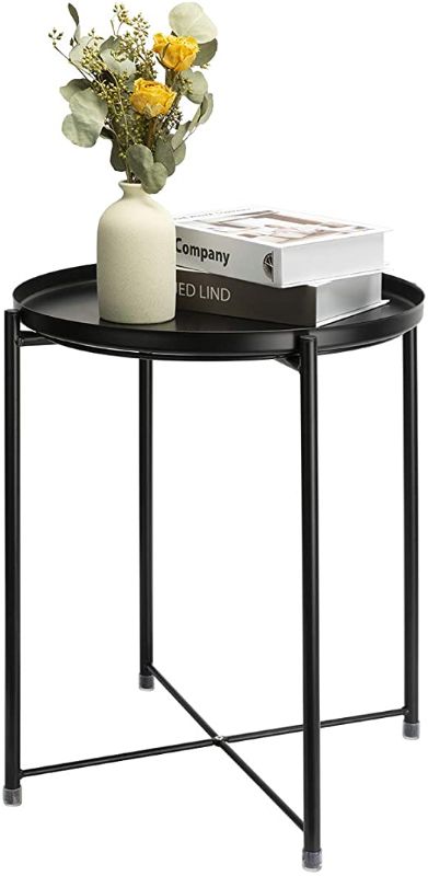 Photo 1 of danpinera End Table, Metal Side Table Small Outdoor Table Round Side Table with Removable Tray for Living Room Bedroom Balcony Patio and Office (Black)
