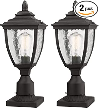 Photo 1 of Beionxii Outdoor Post Lanterns | Set of 2 Exterior Post Light Fixture with 3-Inch Pier Mount Base, Sand Textured Black Die-cast Aluminum with Water Glass(7"W x 18.5"H) - A162P-2PK
