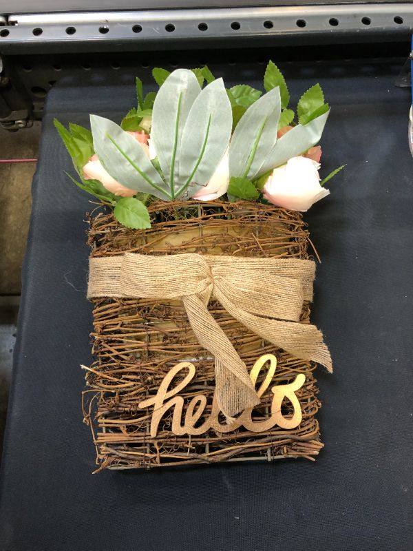 Photo 2 of Hello Sign Rose Basket Wall Decor, Rustic Wooden Welcome sign Front Door Wreath with Rose/Bow, for Home Wall Porch Farmhouse Spring Summer Holiday Decor, Indoor/Outdoor 16 X 8.75" .
