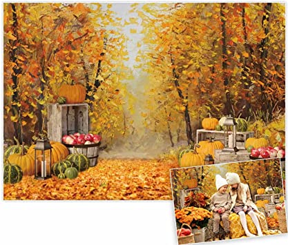 Photo 1 of Allenjoy 7x5ft Autumn Forest Scenery Photography Backdrop Thanksgiving Golden Fall Barn Pumpkin Harvest Background Watercolor Nature Maple Leaves Baby Kids Portrait Party Banner Photo Studio Props
