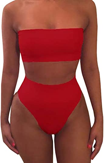 Photo 1 of Misassy Womens Sexy High Waisted Bikini 2 Piece Bandeau Swimsuit Top Cheeky Bottoms Set
RED SIZE XL