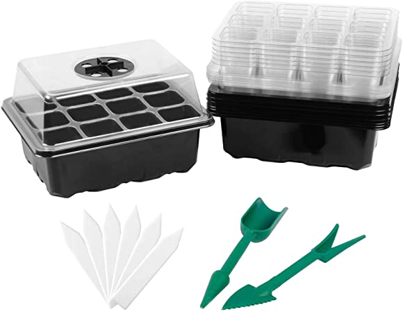 Photo 1 of 6 Set Seed Starter Tray Kit Humidity Adjustable Plant Seedling Trays with Dome and Base, Plant Tags Hand Tool Kit (12 Cells per Tray), Black…
