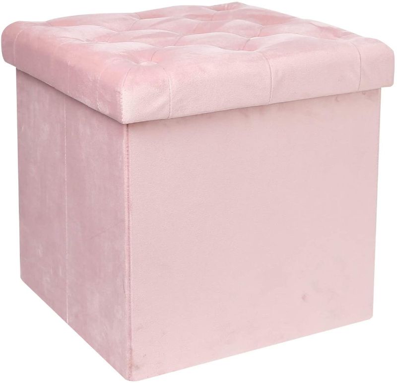 Photo 1 of B FSOBEIIALEO Storage Ottoman Cube, Velvet Tufted Folding Ottomans with Lid, Footstool Rest Padded Seat for Bedroom (Pink, Medium)
