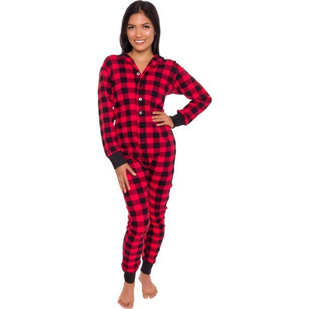 Photo 1 of Silver Lilly Buffalo Plaid Women's One Piece Pajamas - Adult Unisex Union Suit with Drop Seat, SIZE Medium