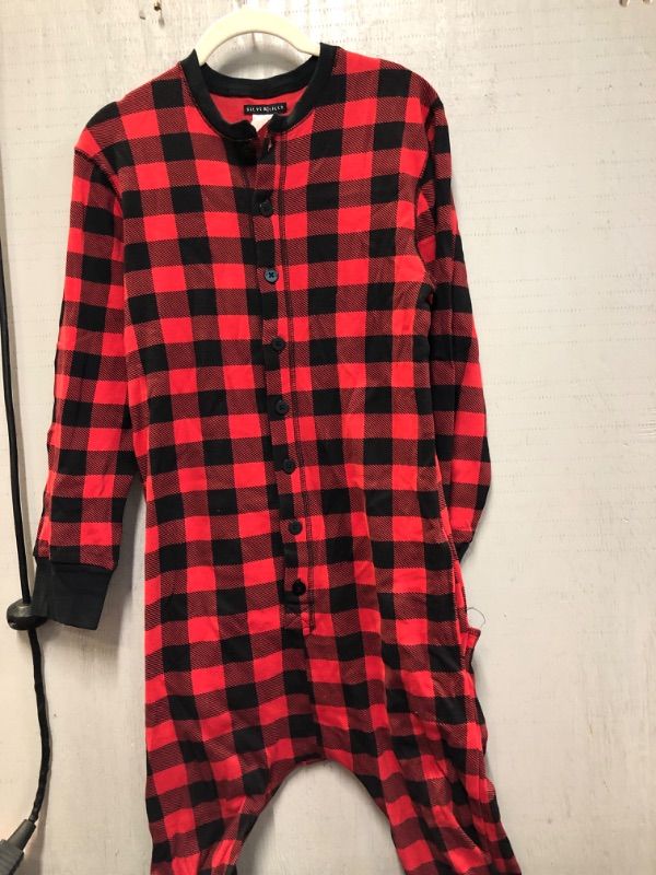 Photo 2 of Silver Lilly Buffalo Plaid Women's One Piece Pajamas - Adult Unisex Union Suit with Drop Seat, SIZE Medium