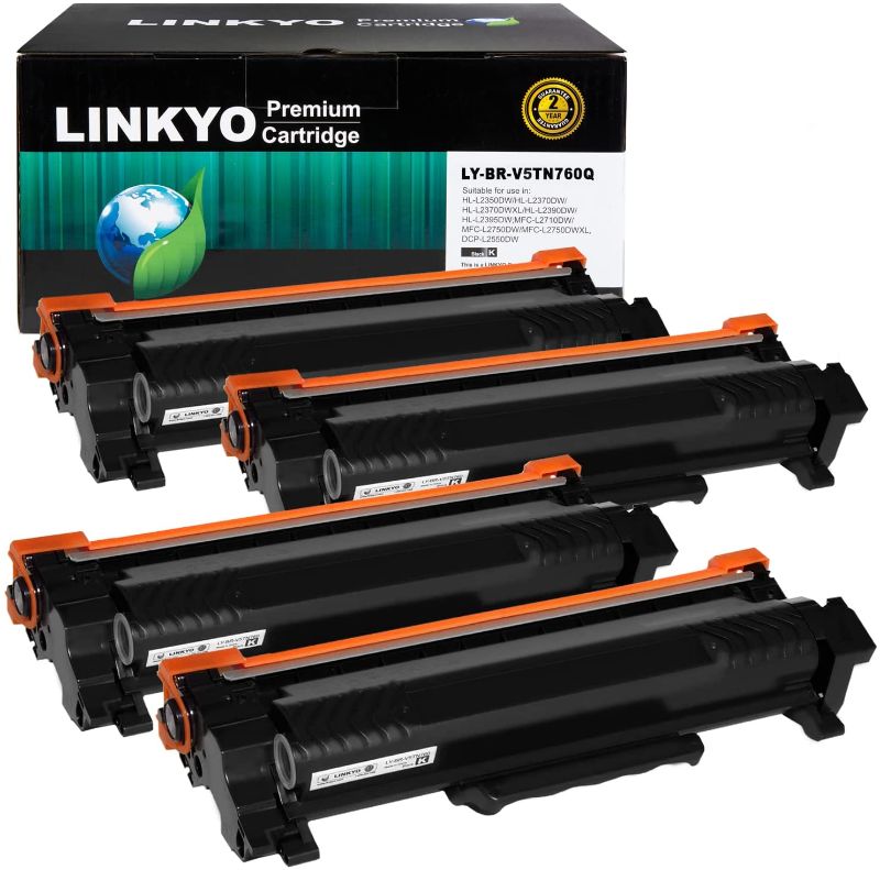 Photo 1 of LINKYO Compatible Toner Cartridge Replacement for Brother TN760 TN-760 TN730 (Black, High Yield, 4-Pack, Design V5)
