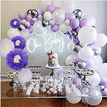 Photo 1 of Fonder Mols 122pcs Matte Lavender White Silver Balloon Garland Kit + Tissue Paper Flowers DIY Kit for Lilac Wedding Baby Shower Home Gathering Party Decorations