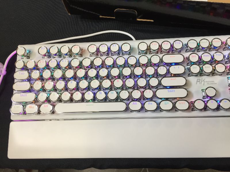 Photo 5 of TISHLED Typewriter Style Mechanical Gaming Keyboard with True RGB Backlit Collapsible Wrist Rest 108-Key Anti-Ghosting Blue Switch Retro Steampunk Vintage Round Keycaps Metal Panel Wired USB White (DAMAGES TO PACKAGING)
