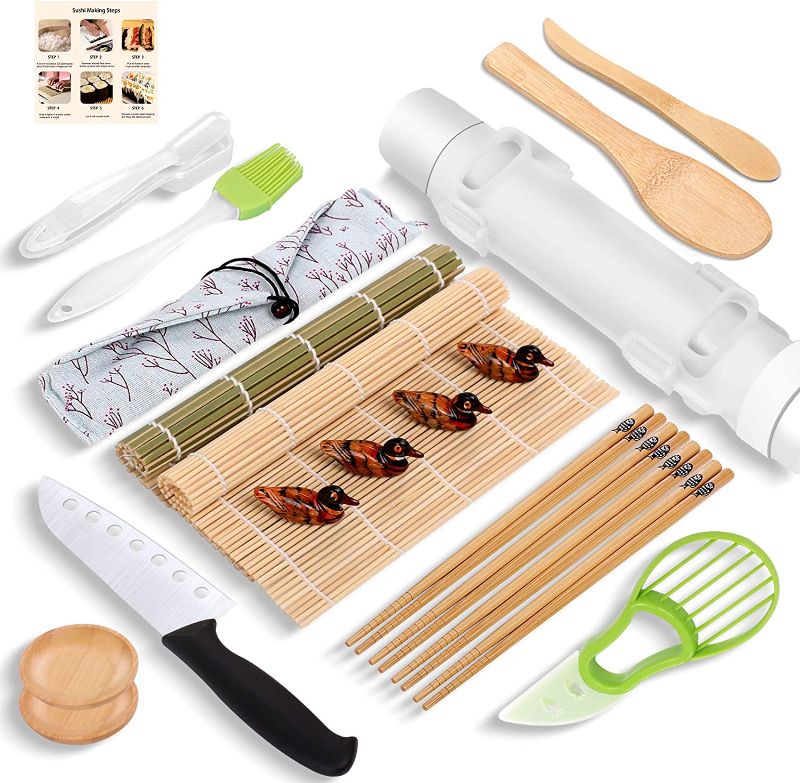 Photo 1 of 21 PCS Sushi Making Kit, All In One Sushi Bazooka Maker with Bamboo Mat Sushi, Bamboo Chopsticks, Chopsticks Holder, Paddle, Spreader, Sauce Dish, Sushi Knife, Avocado Slicer, DIY Sushi Roller Machine