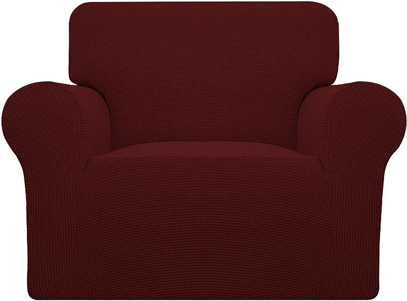 Photo 1 of Easy-Going Stretch Chair Sofa Slipcover 1-Piece Couch Sofa Cover Furniture Protector Soft with Elastic Bottom for Kids, Pet. Spandex Jacquard Fabric Small Checks (Chair, Wine)