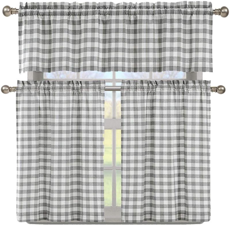 Photo 1 of Duck River Textile Buffalo Plaid Gingham Checkered Premium Cotton Blend Kitchen Curtain Tier & Valance Set, Grey & White