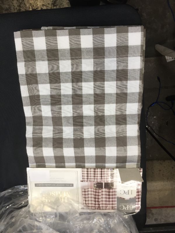 Photo 2 of Duck River Textile Buffalo Plaid Gingham Checkered Premium Cotton Blend Kitchen Curtain Tier & Valance Set, Grey & White