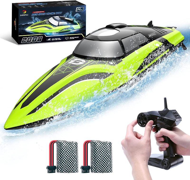 Photo 1 of DEERC RC Boat with LED Light, 30+ Mins, Self Righting Remote Control Boat for Pools & Lakes, 20+ MPH, 2.4GHz Racing Boats, 2 Battery, Pool Toys for Kids, Radio Controlled Watercraft