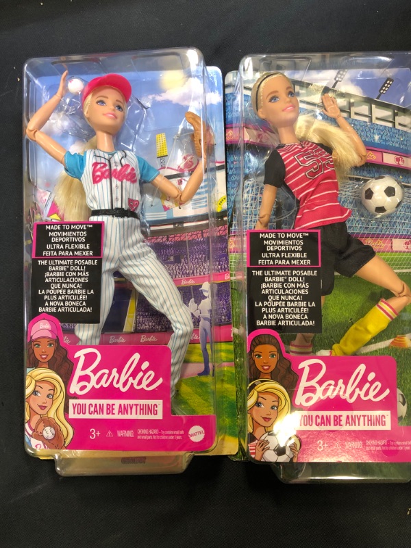 Photo 3 of Barbie Ultra-Flexible Baseball Doll with Mitt / Barbie Made to Move Posable Soccer Player Doll
