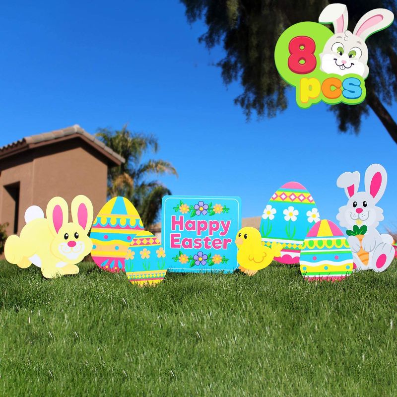 Photo 1 of 8 Pieces Easter Yard Signs Decorations Outdoor Bunny, Chick and Eggs Yard Stake Signs Easter Lawn Yard Decorations for Easter Hunt Game, Party Supplies DÈcor, Easter Props.