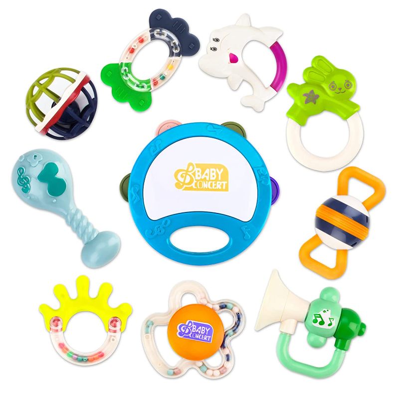 Photo 1 of Baby Rattle Teething Infant Toys BPA-Free Silicone Grab Rattle Teether Spin Sound Shaking Bell 10 Pcs Musical Rattle Sets for Newborn Baby Girls Boys Gifts 0 3 6 9 12 Months (Random Color)