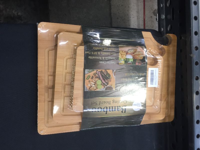 Photo 2 of 3 PCS Wooden Cutting Boards for Kitchen, Sibaok Durable Bamboo Cutting Board Set, Wood Cutting Board Set with Holder & Juice Groove, Organic Bamboo Chopping Board Set for Meat Cheese & Vegetables